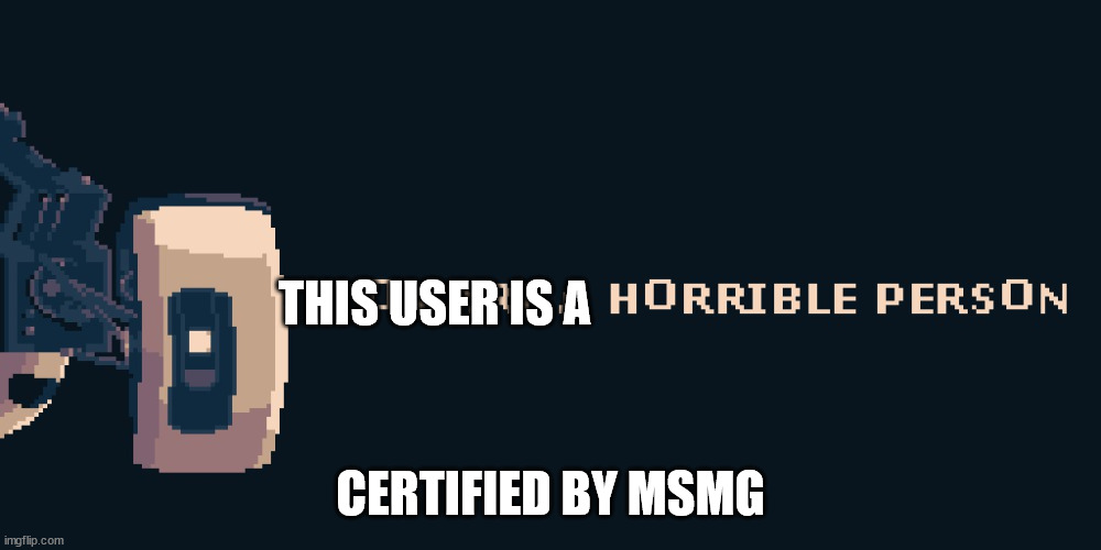 Changing my profile to this | THIS USER IS A; CERTIFIED BY MSMG | image tagged in you horrible person | made w/ Imgflip meme maker