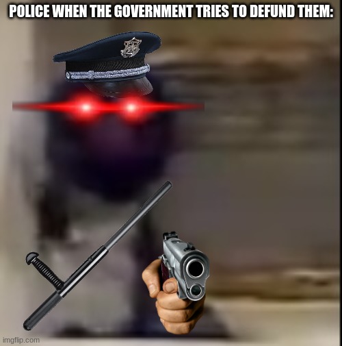 woe to those who try to defund the police | POLICE WHEN THE GOVERNMENT TRIES TO DEFUND THEM: | image tagged in grover staring | made w/ Imgflip meme maker