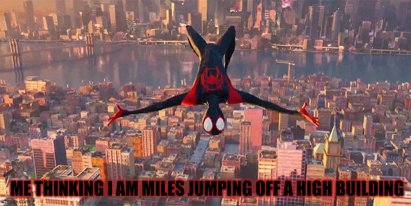 Miles Jumping Down | ME THINKING I AM MILES JUMPING OFF A HIGH BUILDING | image tagged in miles jumping down | made w/ Imgflip meme maker