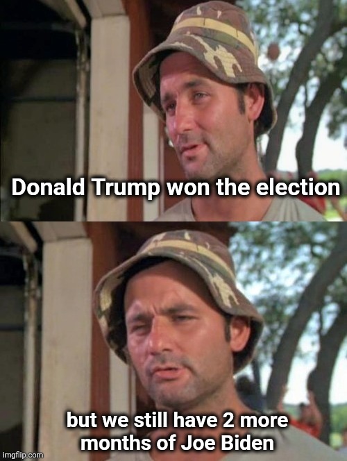 Carl tells a joke | Donald Trump won the election but we still have 2 more
months of Joe Biden | image tagged in carl tells a joke | made w/ Imgflip meme maker