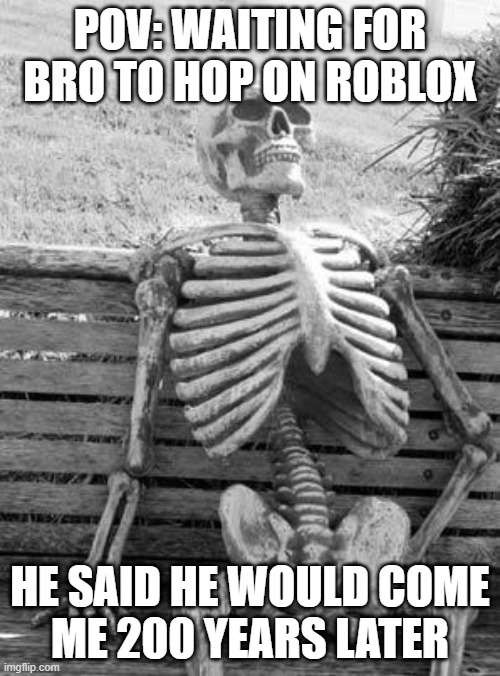 Waiting Skeleton | POV: WAITING FOR BRO TO HOP ON ROBLOX; HE SAID HE WOULD COME
ME 200 YEARS LATER | image tagged in memes,waiting skeleton | made w/ Imgflip meme maker