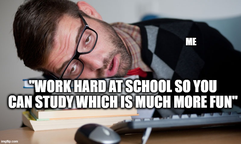 Training instead of studying | ME; "WORK HARD AT SCHOOL SO YOU CAN STUDY WHICH IS MUCH MORE FUN" | image tagged in study for ca | made w/ Imgflip meme maker