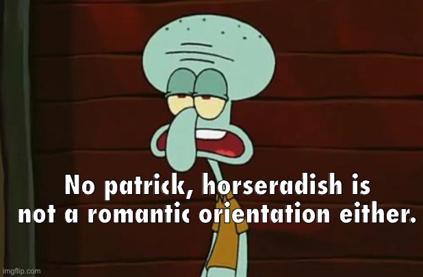 no patrick mayonnaise is not a instrument | No patrick, horseradish is not a romantic orientation either. | image tagged in no patrick mayonnaise is not a instrument | made w/ Imgflip meme maker