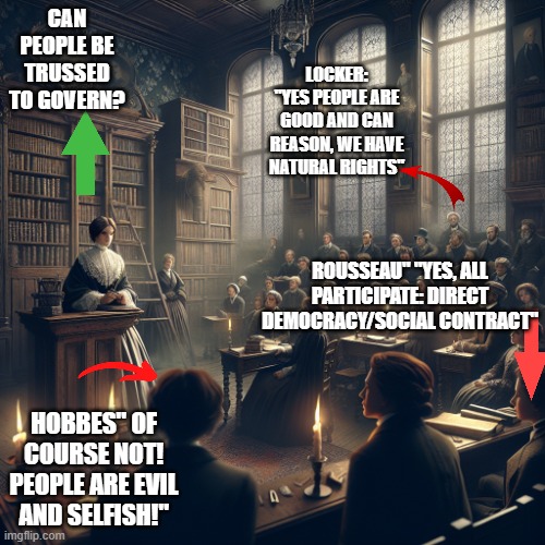 lessons in philosophy with Frau Ehme | CAN PEOPLE BE TRUSSED TO GOVERN? LOCKER: "YES PEOPLE ARE GOOD AND CAN REASON, WE HAVE NATURAL RIGHTS"; ROUSSEAU" "YES, ALL PARTICIPATE: DIRECT DEMOCRACY/SOCIAL CONTRACT"; HOBBES" OF COURSE NOT! PEOPLE ARE EVIL AND SELFISH!" | image tagged in lessons in philosophy with frau ehme | made w/ Imgflip meme maker