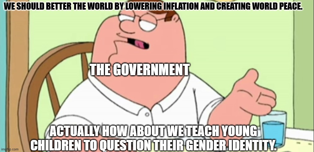 They could do better you know. | WE SHOULD BETTER THE WORLD BY LOWERING INFLATION AND CREATING WORLD PEACE. THE GOVERNMENT; ACTUALLY HOW ABOUT WE TEACH YOUNG CHILDREN TO QUESTION THEIR GENDER IDENTITY. | image tagged in family guy peter | made w/ Imgflip meme maker