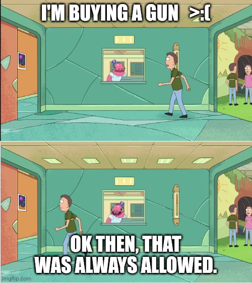 Okay then that was always allowed Rick and Morty Jerry | I'M BUYING A GUN   >:(; OK THEN, THAT WAS ALWAYS ALLOWED. | image tagged in okay then that was always allowed rick and morty jerry | made w/ Imgflip meme maker