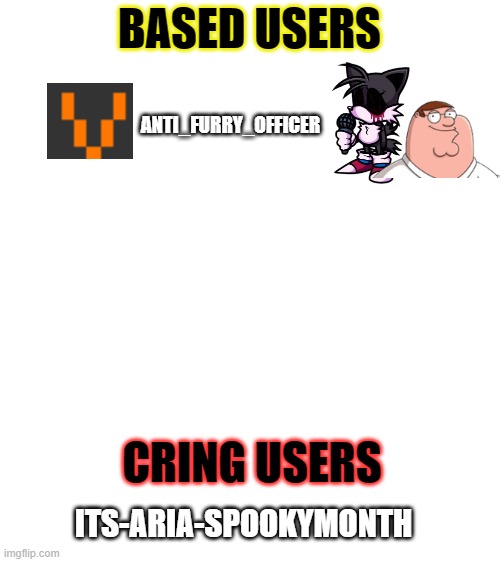 Based User's vs Cringe User's | BASED USERS; ANTI_FURRY_OFFICER; CRING USERS; ITS-ARIA-SPOOKYMONTH | image tagged in based,cringe | made w/ Imgflip meme maker