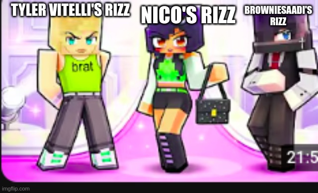 gEn Z AnD gEn AlPhA | BROWNIESAADI'S RIZZ; TYLER VITELLI'S RIZZ; NICO'S RIZZ | image tagged in aphmau dress to impress | made w/ Imgflip meme maker