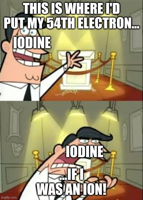 iodine can get an -1 ion | THIS IS WHERE I'D PUT MY 54TH ELECTRON... IODINE; IODINE; ...IF I WAS AN ION! | image tagged in memes,this is where i'd put my trophy if i had one,periodic table | made w/ Imgflip meme maker