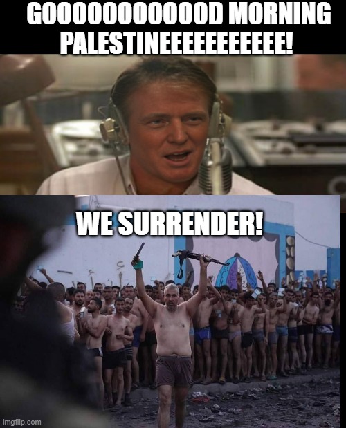 Good Morning Palestine | GOOOOOOOOOOOD MORNING PALESTINEEEEEEEEEEE! WE SURRENDER! | image tagged in trump,good morning palestine,hamas,good morning vietnam | made w/ Imgflip meme maker