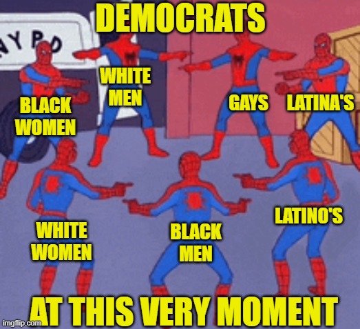 Democrats the next four years | DEMOCRATS; LATINA'S; GAYS; WHITE
MEN; BLACK
WOMEN; LATINO'S; WHITE
WOMEN; BLACK
MEN; AT THIS VERY MOMENT | image tagged in democrats,liberals,progressives,dnc,maga,make america great again | made w/ Imgflip meme maker