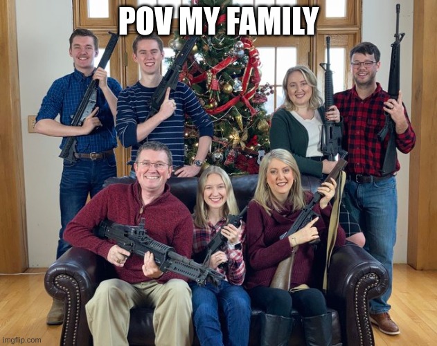 help me | POV MY FAMILY | image tagged in christmas photo with guns | made w/ Imgflip meme maker