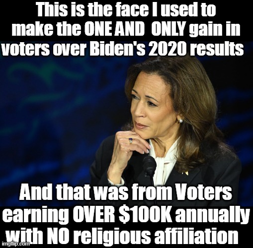 Yeah, it was obviously Misogyny that did her in | This is the face I used to make the ONE AND  ONLY gain in voters over Biden's 2020 results; And that was from Voters earning OVER $100K annually with NO religious affiliation | image tagged in kamala only gain over biden meme | made w/ Imgflip meme maker