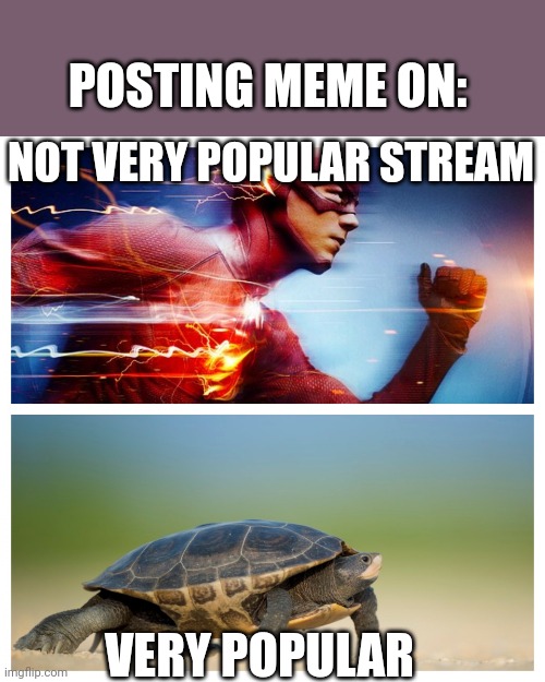 Sometimes it takes hours and somethimes it doesn't take even a milisecond | POSTING MEME ON:; NOT VERY POPULAR STREAM; VERY POPULAR | image tagged in fast vs slow,posting,imgflip | made w/ Imgflip meme maker