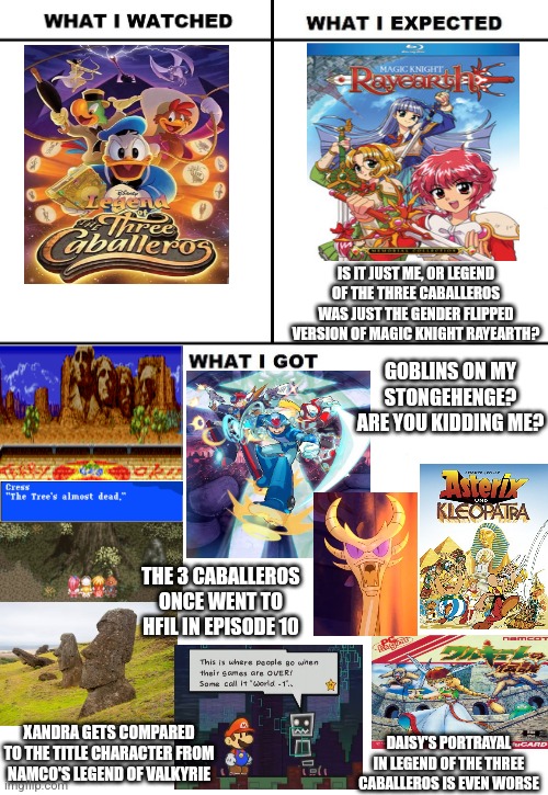 What I Watched/ What I Expected/ What I Got | IS IT JUST ME, OR LEGEND OF THE THREE CABALLEROS WAS JUST THE GENDER FLIPPED VERSION OF MAGIC KNIGHT RAYEARTH? GOBLINS ON MY STONGEHENGE? ARE YOU KIDDING ME? THE 3 CABALLEROS ONCE WENT TO HFIL IN EPISODE 10; XANDRA GETS COMPARED TO THE TITLE CHARACTER FROM NAMCO'S LEGEND OF VALKYRIE; DAISY'S PORTRAYAL IN LEGEND OF THE THREE CABALLEROS IS EVEN WORSE | image tagged in what i watched/ what i expected/ what i got,three caballeros,confused | made w/ Imgflip meme maker