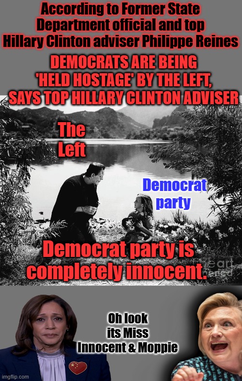 What he's saying is They are Frakenstein Dems, kind of like RIONOrepublicans, Remember AL FRANKANstein. | According to Former State Department official and top Hillary Clinton adviser Philippe Reines; DEMOCRATS ARE BEING 'HELD HOSTAGE' BY THE LEFT, SAYS TOP HILLARY CLINTON ADVISER; The Left; Democrat party; Democrat party is completely innocent. Oh look its Miss Innocent & Moppie | made w/ Imgflip meme maker