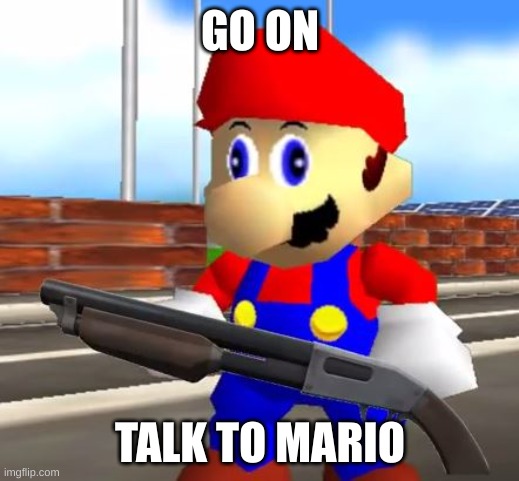 SMG4 Shotgun Mario | GO ON TALK TO MARIO | image tagged in smg4 shotgun mario | made w/ Imgflip meme maker