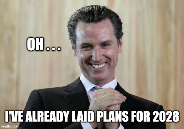 Scheming Gavin Newsom  | OH . . . I'VE ALREADY LAID PLANS FOR 2028 | image tagged in scheming gavin newsom | made w/ Imgflip meme maker