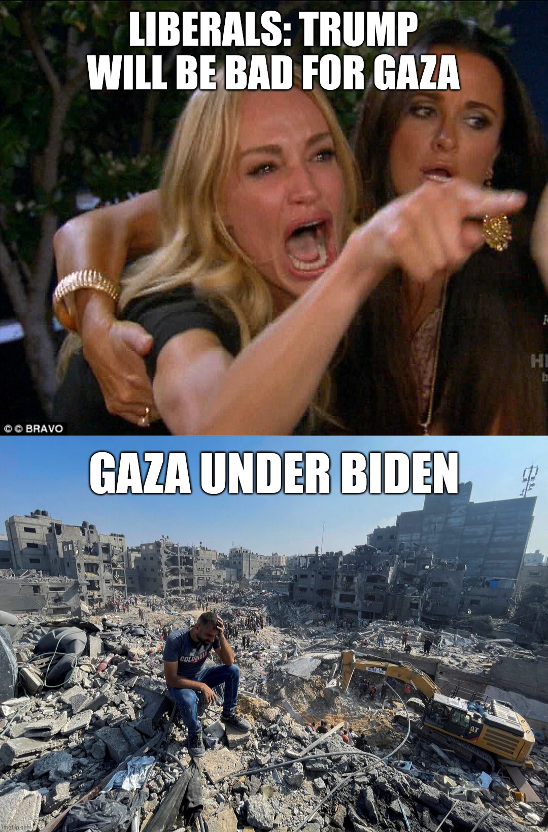 LIBERALS: TRUMP WILL BE BAD FOR GAZA; GAZA UNDER BIDEN | image tagged in real housewives crying,gaza,biden,genocidejoe,zionism,kamala harris | made w/ Imgflip meme maker