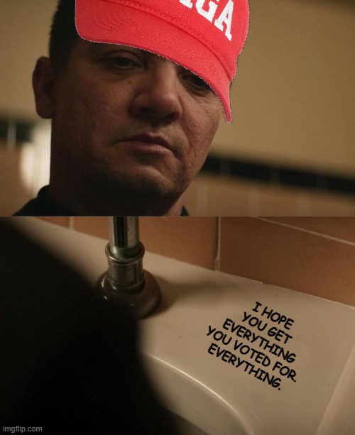 It's the new "I hope you live in interesting times" thing to say. | I HOPE YOU GET EVERYTHING YOU VOTED FOR.

EVERYTHING. | image tagged in hawkeye | made w/ Imgflip meme maker