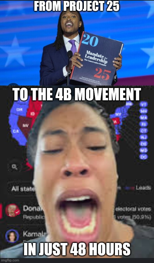 Surprise | FROM PROJECT 25; TO THE 4B MOVEMENT; IN JUST 48 HOURS | image tagged in tiktok,liberal meltdown,trump,kamala,project 25 | made w/ Imgflip meme maker