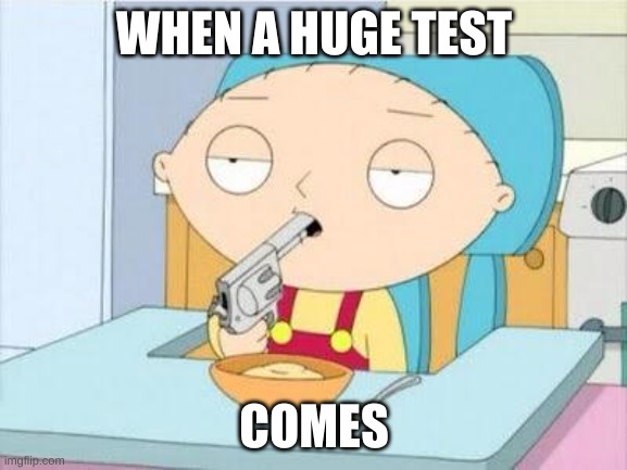 Stewie gun I'm done | WHEN A HUGE TEST; COMES | image tagged in stewie gun i'm done | made w/ Imgflip meme maker