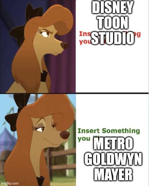 Disney vs MGM | DISNEY TOON STUDIO; METRO GOLDWYN MAYER | image tagged in dixie drake meme,reba mcentire,the fox and the hound 2 | made w/ Imgflip meme maker