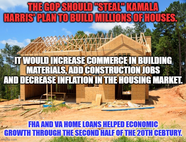 The "Greatest Generation," grew the Middle Class with home ownership. | THE GOP SHOULD "STEAL" KAMALA HARRIS' PLAN TO BUILD MILLIONS OF HOUSES. IT WOULD INCREASE COMMERCE IN BUILDING MATERIALS, ADD CONSTRUCTION JOBS AND DECREASE INFLATION IN THE HOUSING MARKET. FHA AND VA HOME LOANS HELPED ECONOMIC GROWTH THROUGH THE SECOND HALF OF THE 20TH CEBTURY. | image tagged in politics | made w/ Imgflip meme maker