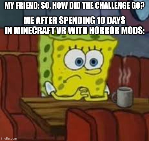 let´s not do that again | MY FRIEND: SO, HOW DID THE CHALLENGE GO? ME AFTER SPENDING 10 DAYS IN MINECRAFT VR WITH HORROR MODS: | image tagged in sponge bob | made w/ Imgflip meme maker