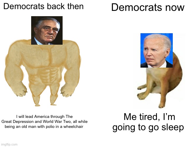 Am I right? ;) | Democrats back then; Democrats now; I will lead America through The Great Depression and World War Two, all while being an old man with polio in a wheelchair; Me tired, I’m going to go sleep | image tagged in memes,buff doge vs cheems,joe biden | made w/ Imgflip meme maker