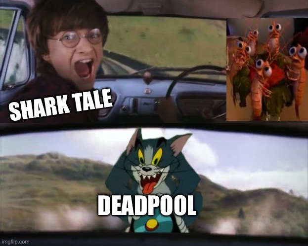 during plays "bye bye bye" same in Oscar club: | SHARK TALE; DEADPOOL | image tagged in tom chasing harry and ron weasly,meme,deadpool,shark tale,dreamworks | made w/ Imgflip meme maker