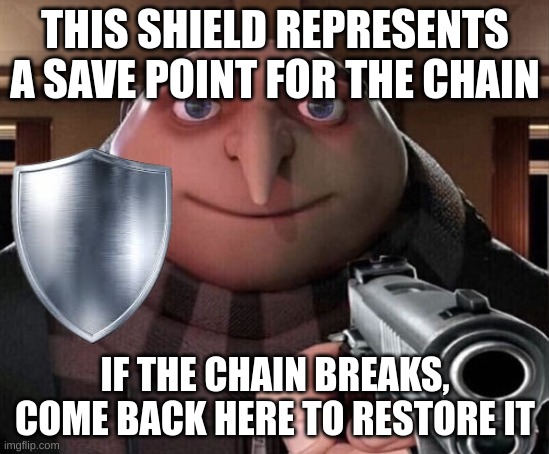 Gru Gun | THIS SHIELD REPRESENTS A SAVE POINT FOR THE CHAIN IF THE CHAIN BREAKS, COME BACK HERE TO RESTORE IT | image tagged in gru gun | made w/ Imgflip meme maker