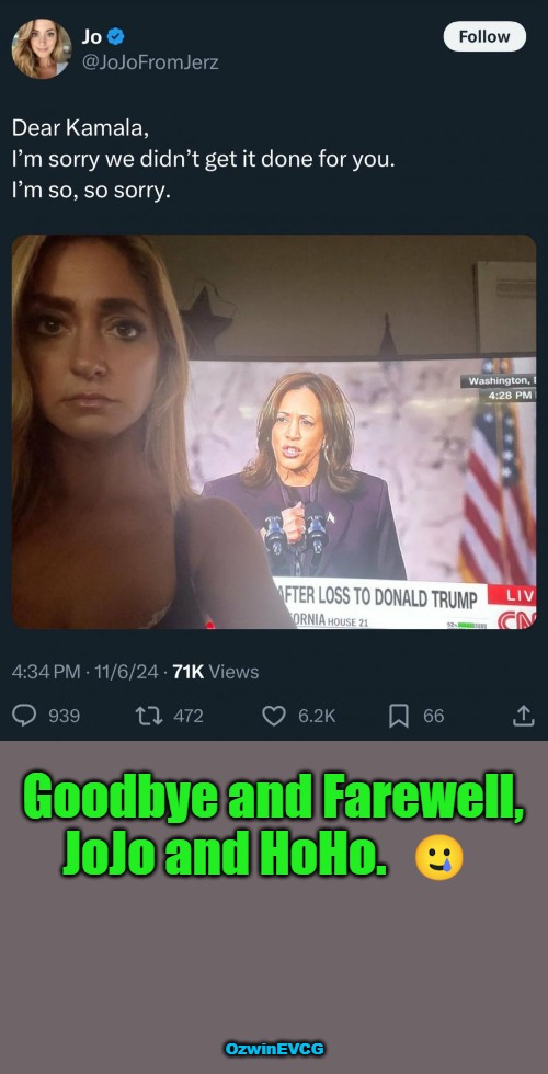 GFJH | Goodbye and Farewell, 

JoJo and HoHo. OzwinEVCG | image tagged in kamala harris,comrade kneepads,jojofromjerz,twitlibbers,political humor,clown world | made w/ Imgflip meme maker