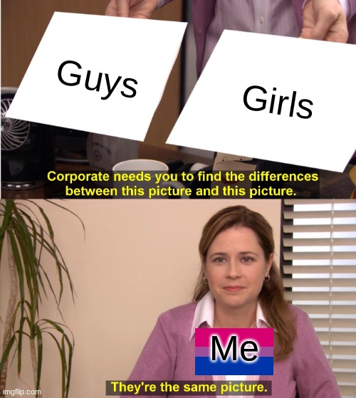 I am Bi hehehehe | Guys; Girls; Me | image tagged in memes,they're the same picture | made w/ Imgflip meme maker