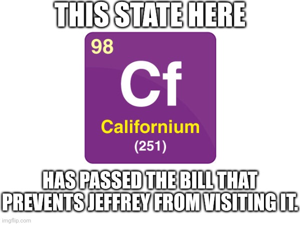 W State | THIS STATE HERE; HAS PASSED THE BILL THAT PREVENTS JEFFREY FROM VISITING IT. | image tagged in jeffrey,memes,mendelevia,periodic table | made w/ Imgflip meme maker