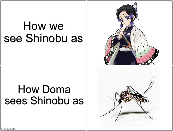 Insect Hashira | How we see Shinobu as; How Doma sees Shinobu as | image tagged in memes,blank comic panel 2x2,demon slayer,anime,mosquito | made w/ Imgflip meme maker