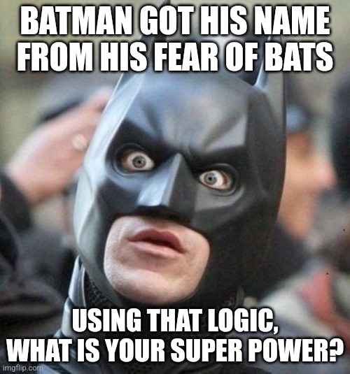 why? CAUSE I'M BATMAN | BATMAN GOT HIS NAME FROM HIS FEAR OF BATS; USING THAT LOGIC, WHAT IS YOUR SUPER POWER? | image tagged in shocked batman,memes,meme,funny,funny memes,funny meme | made w/ Imgflip meme maker