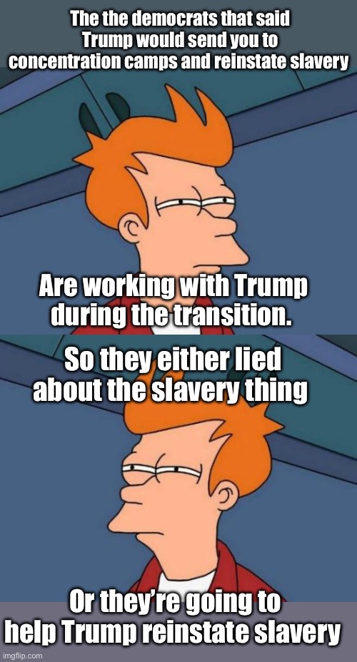 D dingbats got played | The the democrats that said Trump would send you to concentration camps and reinstate slavery; Are working with Trump during the transition. So they either lied about the slavery thing; Or they’re going to help Trump reinstate slavery | image tagged in memes,futurama fry,politics lol,derp | made w/ Imgflip meme maker