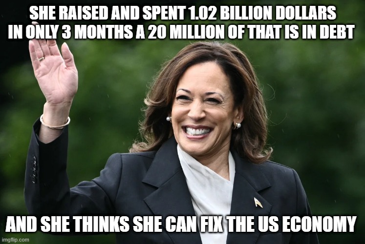 SHE RAISED AND SPENT 1.02 BILLION DOLLARS IN ONLY 3 MONTHS A 20 MILLION OF THAT IS IN DEBT; AND SHE THINKS SHE CAN FIX THE US ECONOMY | made w/ Imgflip meme maker