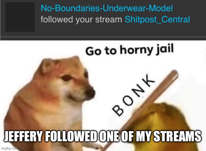 JEFFERY FOLLOWED ONE OF MY STREAMS | image tagged in no horny card | made w/ Imgflip meme maker