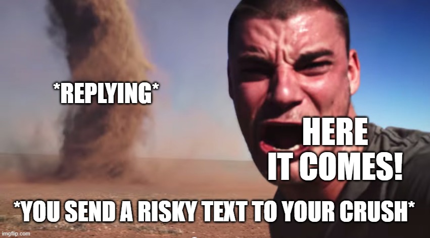 Here it comes | *REPLYING*; HERE IT COMES! *YOU SEND A RISKY TEXT TO YOUR CRUSH* | image tagged in here it comes | made w/ Imgflip meme maker