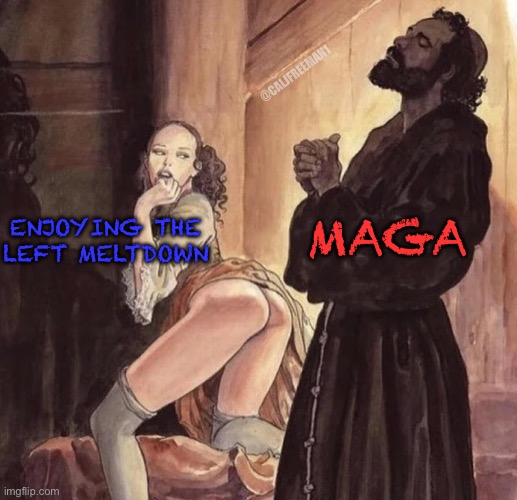 Monk Temptation | @CALJFREEMAN1; MAGA; ENJOYING THE LEFT MELTDOWN | image tagged in monk temptation,temptation,maga,donald trump,president trump,kamala harris | made w/ Imgflip meme maker