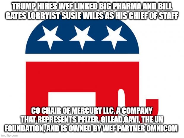 Not a good Start!! | TRUMP HIRES WEF LINKED BIG PHARMA AND BILL GATES LOBBYIST SUSIE WILES AS HIS CHIEF OF STAFF; CO CHAIR OF MERCURY LLC, A COMPANY THAT REPRESENTS PFIZER, GILEAD,GAVI, THE UN FOUNDATION, AND IS OWNED BY WEF PARTNER OMNICOM | image tagged in republican,pfizer,trump | made w/ Imgflip meme maker