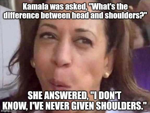 Kamala Harris | Kamala was asked, "What's the difference between head and shoulders?"; SHE ANSWERED, "I DON'T KNOW, I'VE NEVER GIVEN SHOULDERS." | image tagged in kamala harris | made w/ Imgflip meme maker