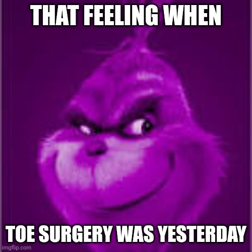 purple grinch | THAT FEELING WHEN TOE SURGERY WAS YESTERDAY | image tagged in purple grinch | made w/ Imgflip meme maker