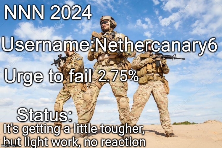I want Mommy Scarf's cock UwU | Nethercanary6; 2.75%; It's getting a little tougher, but light work, no reaction | image tagged in nnn 2024 progress report | made w/ Imgflip meme maker