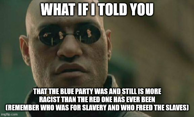 The cotton-picking texts are another sick Democrat trick, and if you trace your call, you will see their source is not Trump | WHAT IF I TOLD YOU; THAT THE BLUE PARTY WAS AND STILL IS MORE RACIST THAN THE RED ONE HAS EVER BEEN (REMEMBER WHO WAS FOR SLAVERY AND WHO FREED THE SLAVES) | image tagged in memes,matrix morpheus | made w/ Imgflip meme maker