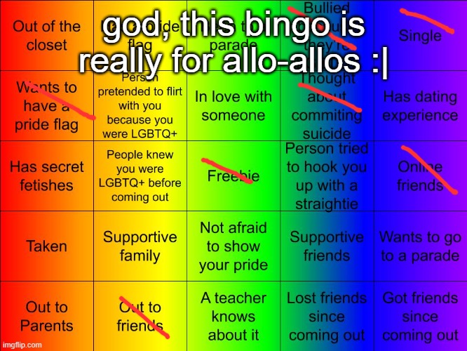 yeah i dont feel like they got my back in this 1 | god, this bingo is really for allo-allos :| | image tagged in thesuitedgayweeb's lgbtq bingo | made w/ Imgflip meme maker