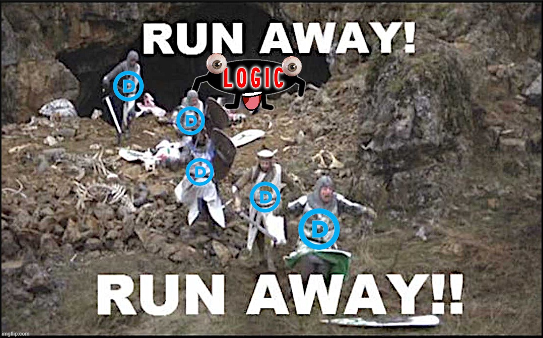 LOGIC MONSTER... | RUN AWAY
RUN AWAY | image tagged in monty python and the holy grail,cave,monster,logic,lethal,deadly | made w/ Imgflip meme maker