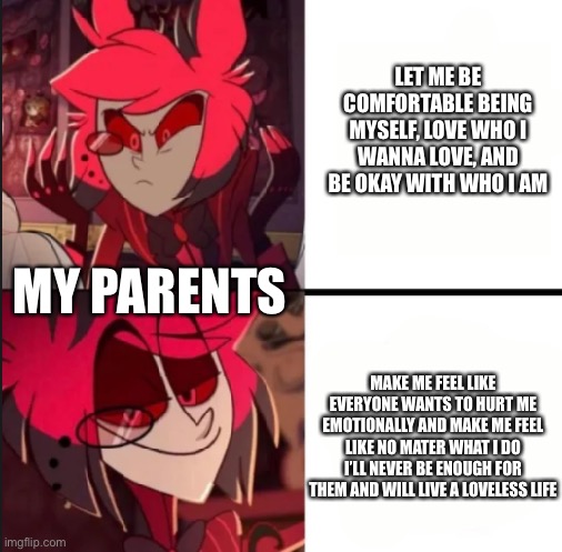 Alastor drake format | LET ME BE COMFORTABLE BEING MYSELF, LOVE WHO I WANNA LOVE, AND BE OKAY WITH WHO I AM; MY PARENTS; MAKE ME FEEL LIKE EVERYONE WANTS TO HURT ME EMOTIONALLY AND MAKE ME FEEL LIKE NO MATER WHAT I DO I’LL NEVER BE ENOUGH FOR THEM AND WILL LIVE A LOVELESS LIFE | image tagged in alastor drake format,lgbtq,life with homophobic parents,rant | made w/ Imgflip meme maker